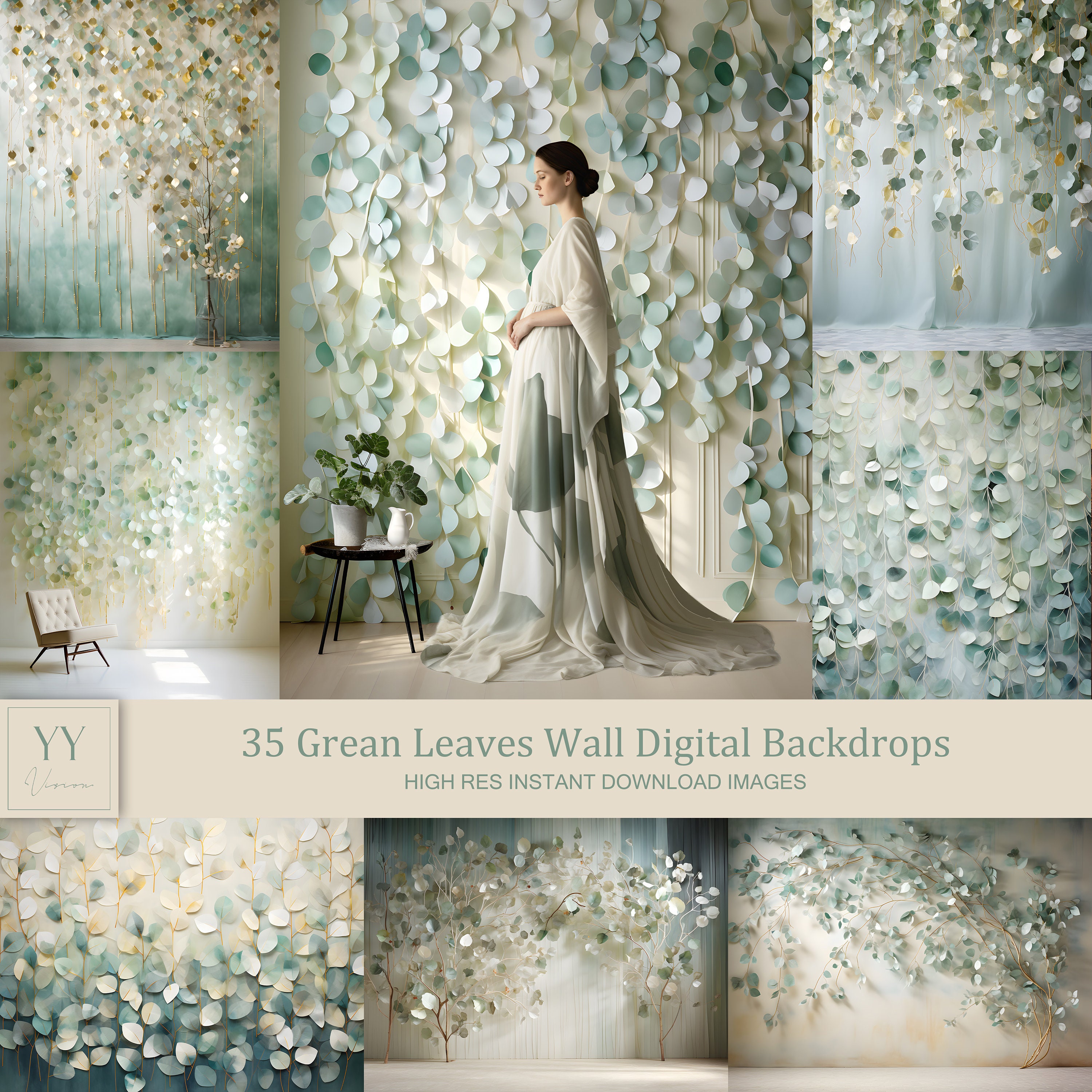 Set Backdrop 35 Green Leaves Wall Digital Backdrops Sets for Wedding Maternity ...