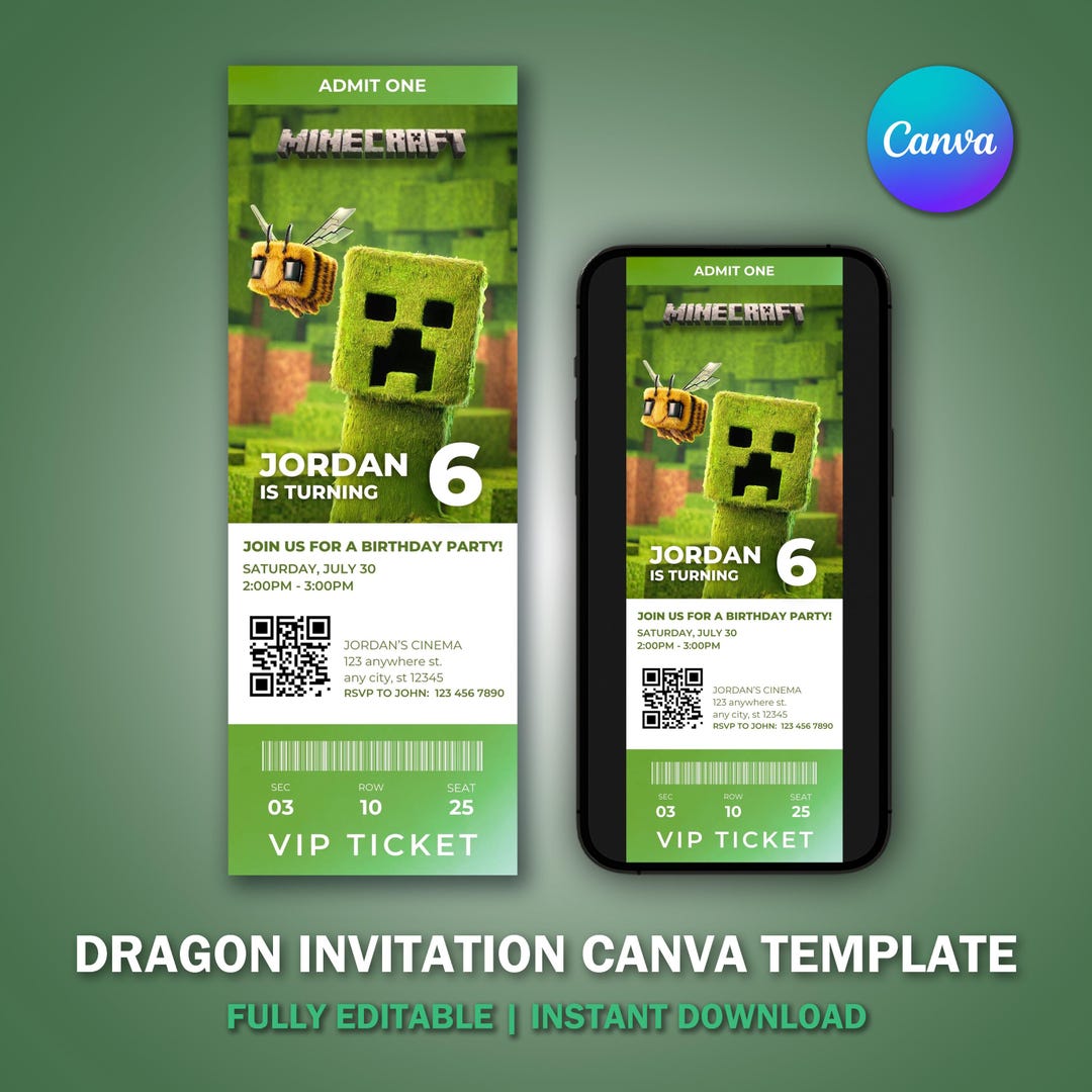Ticket Minecraft Style Minecraft Invitation Ticket Template V2 for Birthday Movie Party ...