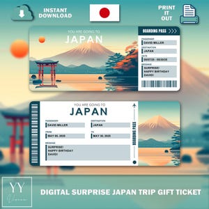 Printable JAPAN Surprise Ticket | Editable Boarding Pass |Japan Vacation Gift | Customizable Digital Trip Ticket for Any Occasion