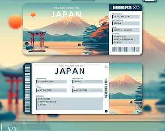 May include: A printable boarding pass with a Japanese theme. The pass features a red torii gate, Mount Fuji, and a sunset over a lake. The text on the pass reads "You are going to Japan" and "Boarding Pass".