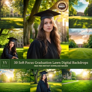 May include: A set of 30 digital backdrops featuring soft focus images of a green lawn with a university building in the background. The backdrops are ideal for graduation photos.