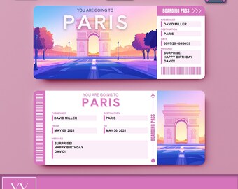 May include: A pink and white printable boarding pass with a picture of the Eiffel Tower in Paris. The text on the boarding pass says "You are going to Paris" and "Boarding Pass".