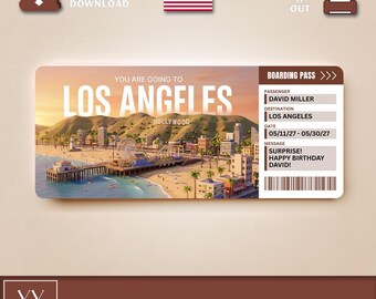 May include: A rectangular boarding pass gift ticket featuring a scenic illustration of the Los Angeles coastline, including a pier and hills. The text reads: YOU ARE GOING TO LOS ANGELES, PASSENGER DAVID MILLER, DESTINATION LOS ANGELES, DATE 05/11/27 - 05/30/27, MESSAGE SURPRISE! HAPPY BIRTHDAY DAVID!