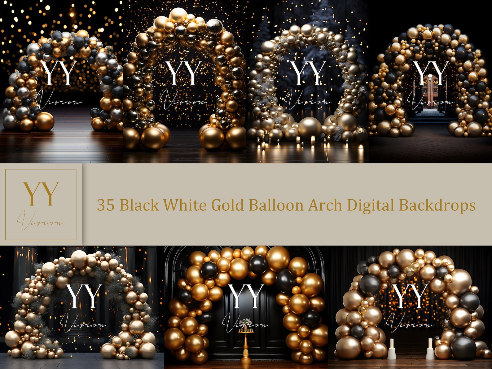 35 White Gold Black Balloon Arch Digital Backdrops Sets for Graduation ...