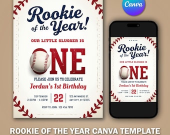 Może przedstawiać: Zaproszenie na przyjęcie z okazji pierwszych urodzin w stylu baseballowym z grafiką czerwono-białej piłki baseballowej i tekstem "Rookie of the Year! Our little slugger is one. Please join us to celebrate Jordan's 1st Birthday. September 22, 2:00pm - 4:00pm, 123 Anywhere St., Any City, ST 12345. RSVP to John: 123 456 7890."