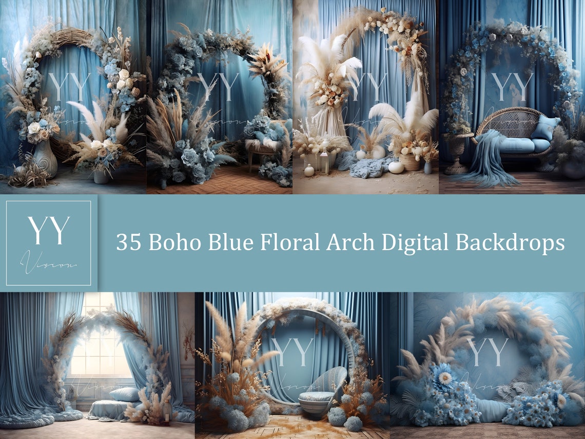 35 Boho Blue Floral Arch Digital Backdrop Sets for Maternity Wedding ...