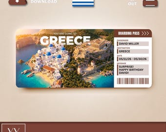 Może przedstawiać: Cyfrowy bilet prezentowy na niespodziewaną podróż do Grecji z malowniczym widokiem na Grecję, białymi budynkami, niebieskimi kopułami i napisem "GREECE". Bilet zawiera imię i nazwisko pasażera, miejsce docelowe oraz wiadomość urodzinową.