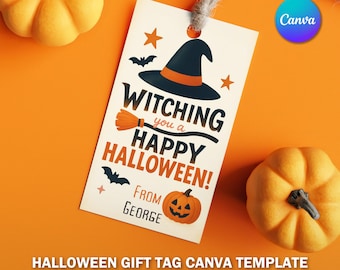 May include: A Halloween gift tag with a witch hat, broom, bats, and a jack-o'-lantern. The tag reads "Witching you a Happy Halloween!" and includes the name "George". The tag is cream-colored with orange and black accents.