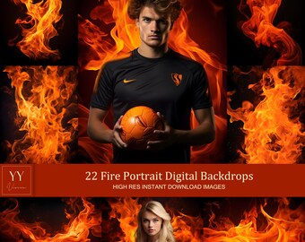 May include: A set of 22 digital backdrops featuring fiery orange and yellow flames against a black background. The backdrops are high resolution and perfect for creating dramatic portraits.