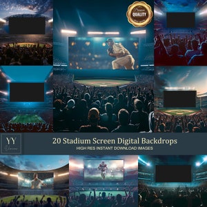 May include: 20 digital stadium screen backdrops with a variety of scenes, including a baseball game, a football game, and a crowd cheering. The backdrops are high resolution and perfect for creating realistic videos or presentations.