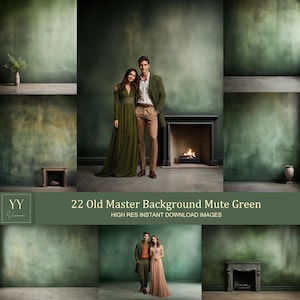 May include: A set of 22 digital backgrounds featuring a muted green color scheme. The backgrounds are high resolution and perfect for photographers and graphic designers. The backgrounds feature a variety of textures and patterns, including a fireplace, a couple standing in front of a wall, and a variety of other scenes.