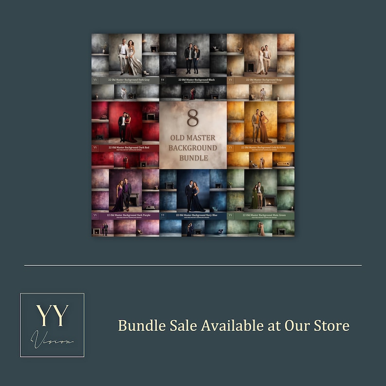 May include: A collage of 8 old master background images for photographers. Each image features a different textured background with a couple standing in front of it. The text "8 Old Master Background Bundle" is in the center of the collage.