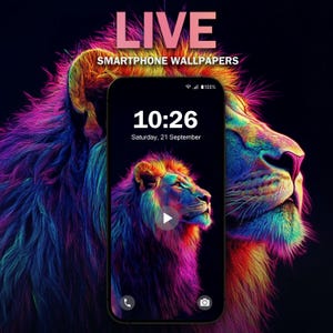 May include: A colourful, abstract lion's head is the background for a smartphone screen displaying a live wallpaper. The screen shows a clock with the time 10:26 and the date Saturday, 21 September. The phone has a black case and a black screen.