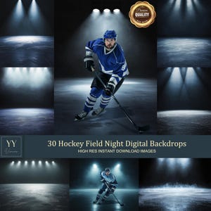 May include: 30 digital hockey field backdrops with a hockey player in a blue jersey and white pants skating on the ice. The backdrops are lit with spotlights and have a dark background.