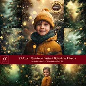May include: 20 digital backdrops featuring a green Christmas forest scene with bokeh lights and snow. The backdrops are ideal for portrait photography.