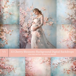 May include: A collection of 33 digital backdrops featuring cherry blossoms in various shades of pink and white against a blue and white watercolor background. The backdrops are high resolution and perfect for photographers and graphic designers.
