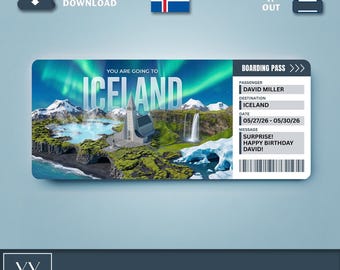Printable ICELAND Surprise Ticket | Editable Boarding Pass | Vacation Gift | Customizable Digital Trip Ticket for Any Occasion