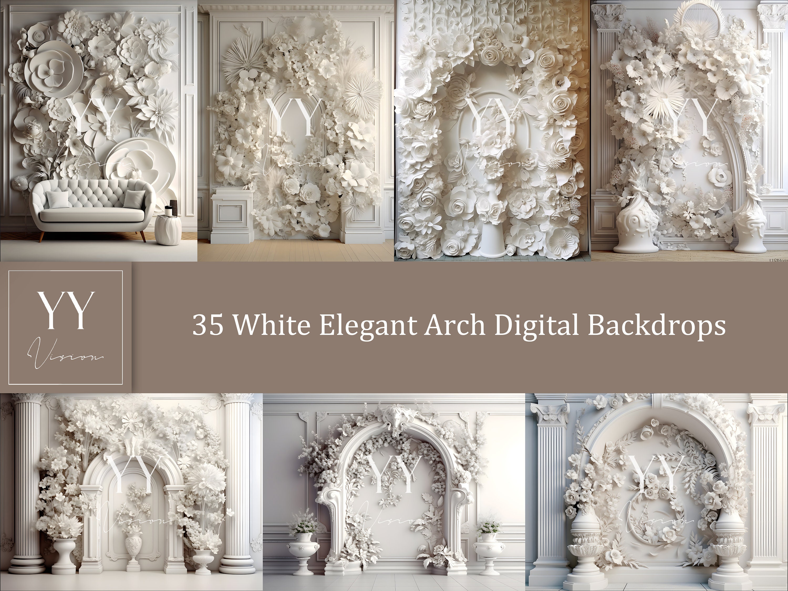 Set Backdrop 35 White Elegant Arch Digital Backdrops Sets for Maternity Wedding ...