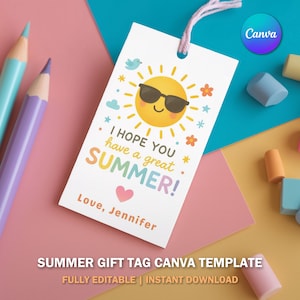 Etiqueta de regalo de verano PNG, imprimible "Que tengas un verano genial", etiqueta de fin de año con un sol arcoíris, etiqueta editable para profesor/a o estudiante V5