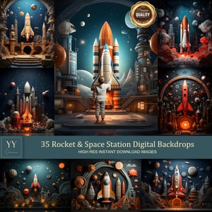 Puede incluir: Una ilustración digital de 35 fondos de cohetes y estaciones espaciales. Los fondos presentan una variedad de cohetes, estaciones espaciales, planetas y estrellas. Los fondos son perfectos para usar en arte digital, diseño gráfico y diseño web.
