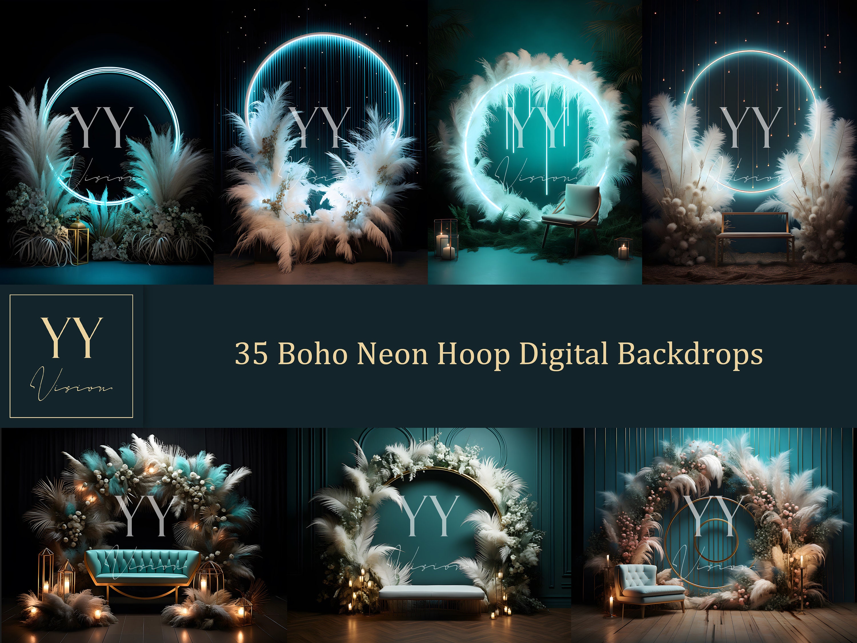 35 Boho Neon Ring Digital Backdrops Sets for Mystical Photography ...
