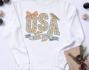 Floral USA Png, Retro America Sublimation, 4th of July Coquette Design, Girly Patriotic Art, Memorial Day, Shabby Chic Png V4