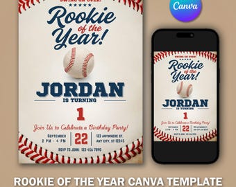 Może przedstawiać: Zaproszenie na przyjęcie urodzinowe o tematyce baseballowej z napisem "Rookie of the Year!" i grafiką baseballową. Zaproszenie zawiera imię "Jordan", liczbę "1" i szczegóły przyjęcia.