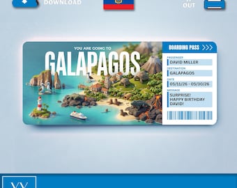 May include: A digital boarding pass gift ticket for a trip to the Galapagos. The design features a tropical island illustration with a lighthouse, cruise ship, and wildlife. Text includes YOU ARE GOING TO GALAPAGOS, passenger David Miller, and a birthday message.