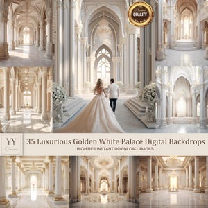 35 Luxurious Golden White Palace Digital Backdrops Sets for Wedding Studio Photography Ceremony Digital Backdrops JPG Photoshop Overlays