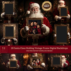 20 ensembles de décors numériques de père Noël tenant un cadre vintage pour un cadeau de Noël, photographie de famille, arrière-plan beaux-arts
