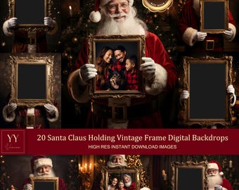20 サンタクロースがヴィンテージフレームを持っているデジタル背景セット クリスマスギフト 家族写真 美術背景