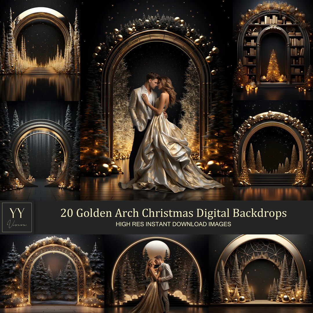 40 Golden Arch & Christmas Trees Digital Backdrops Sets for Wedding ...