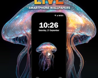 May include: A smartphone displaying a jellyfish wallpaper, with the time 10:26 and the date Saturday, 21 September. The phone is set against a backdrop of a glowing jellyfish with orange, blue, and purple hues. The words "LIVE" and "SMARTPHONE WALLPAPERS" are at the top.