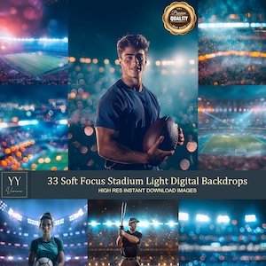 May include: A set of 33 digital stadium light backdrops with a soft focus effect. The backdrops feature a variety of lighting effects, including spotlights, stadium lights, and bokeh. The backdrops are perfect for adding a dramatic and exciting feel to your photos and videos.