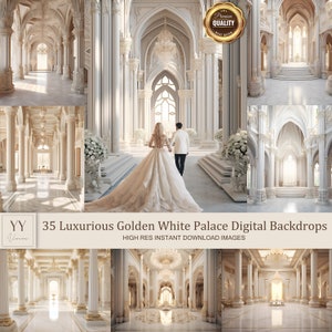 35 Luxurious Golden White Palace Digital Backdrops Sets for Wedding Studio Photography Ceremony Digital Backdrops JPG Photoshop Overlays