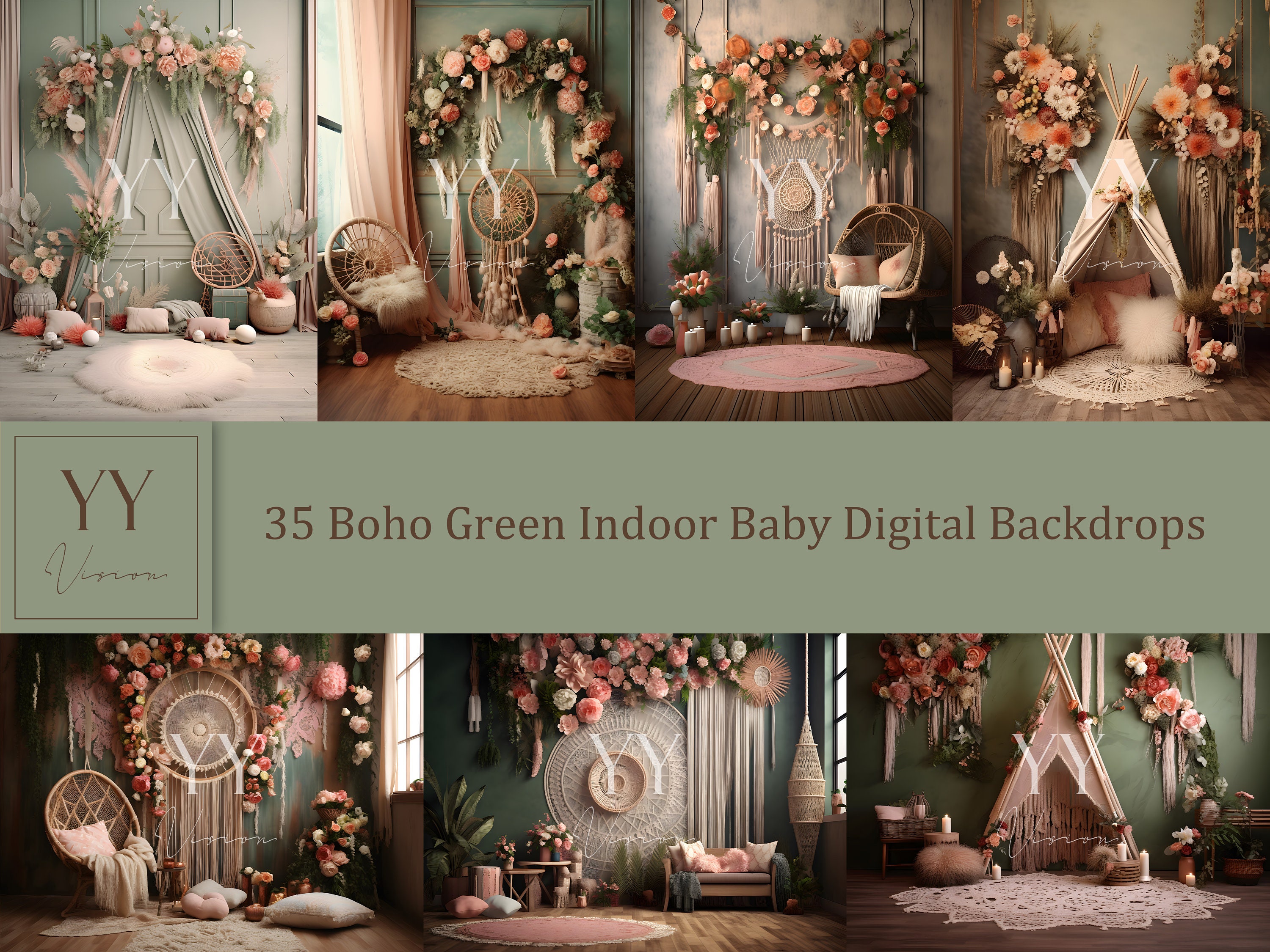 35 Boho Green Indoor Baby Digital Backdrops Sets Maternity Studio ...