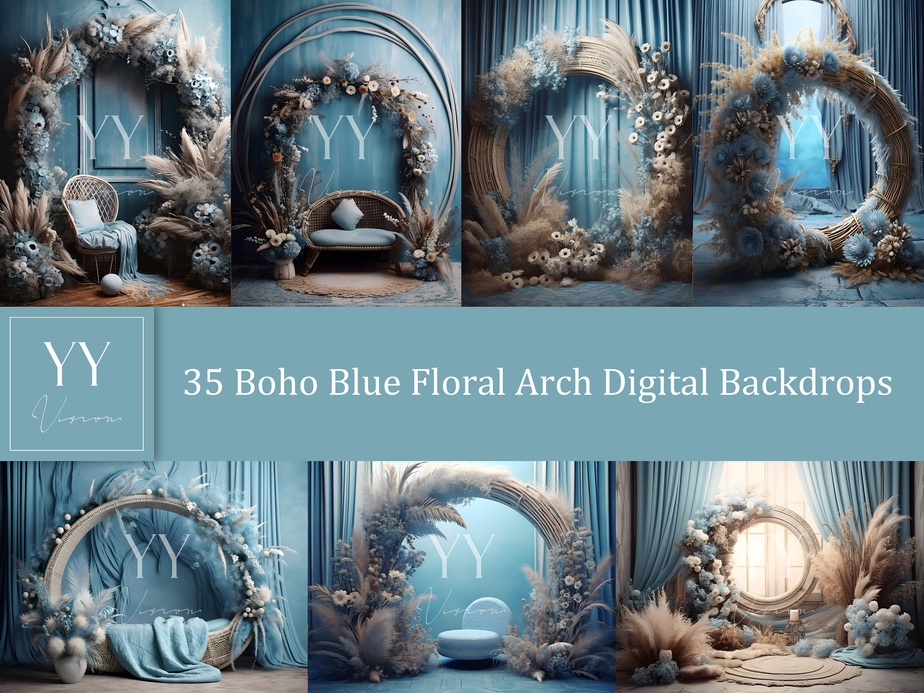 35 Boho Blue Floral Arch Digital Backdrop Sets for Maternity Wedding ...