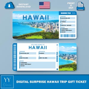 Printable HAWAII Surprise Ticket V2 | Editable Boarding Pass | Vacation Gift | Customizable Digital Trip Ticket for Any Occasion