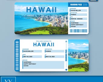 May include: A blue and white printable boarding pass with the text "You are going to Hawaii" and a picture of a beach in Hawaii. The boarding pass is for David Miller and the dates are May 05, 2025 to May 30, 2025. The message on the boarding pass says "Surprise! Happy Birthday David!"