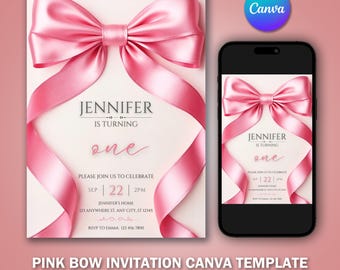 Pink Bow  Birthday Invitation Template V3 | Editable Printable Digital Invitation | Canva Template | Instant Download