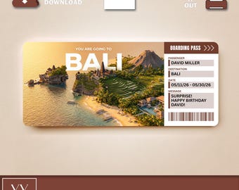 May include: A rectangular digital gift ticket featuring a scenic view of Bali with a volcano, rice terraces, and coastline. The text reads YOU ARE GOING TO BALI, BOARDING PASS, PASSENGER DAVID MILLER, DESTINATION BALI, DATE 05/11/26 - 05/30/26, and SURPRISE! HAPPY BIRTHDAY DAVID!