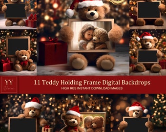 11 Teddy Bear Holding Frame Digital Backdrops Sets for Christmas Gift Family Photography Fine Arts Background