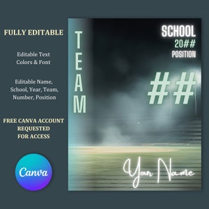 Pu&ograve; includere: Una grafica digitale con un tema sportivo. La grafica presenta un'immagine sfocata di un campo da baseball di notte con luci dello stadio. Il testo "TEAM" &egrave; in una colonna verticale sul lato sinistro della grafica. Il testo "SCHOOL 20## POSITION" &egrave; sul lato destro della grafica. Il testo "##" &egrave; in un grande carattere al centro della grafica. Il testo "Your Name" &egrave; in un carattere corsivo nella parte inferiore della grafica.