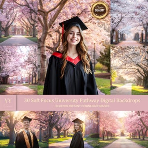 Puede incluir: Un collage de 30 fondos digitales con un efecto de enfoque suave de un camino universitario bordeado de árboles de cerezos en flor. Los fondos son de alta resolución y perfectos para fotos de graduación.