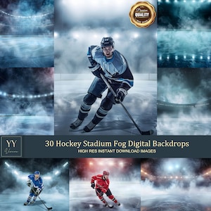 May include: 30 digital hockey stadium fog backdrops. High resolution images with a hockey player skating on a foggy ice rink.