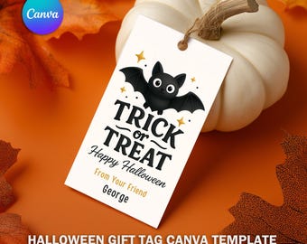 May include: A white gift tag with a black bat illustration and the words "Trick or Treat" and "Happy Halloween". The tag is placed on a white pumpkin with a brown stem, surrounded by orange leaves.