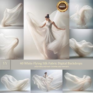 Può includere: 40 sfondi digitali con tessuto di seta bianco che fluttua nel vento. Il tessuto è drappeggiato e fluttua in varie pose.