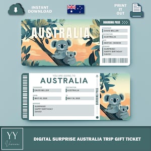 May include: A printable boarding pass featuring a koala and joey on a tree branch. The pass is for a trip to Australia. The text on the pass reads "You are going to Australia" and "Boarding Pass".