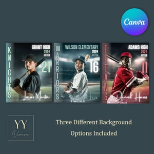 Pu&ograve; includere: Tre design di giocatori di baseball con sfondi diversi. Ogni design presenta un giocatore in uniforme da baseball con una mazza, un nome di squadra e il nome del giocatore. I design sono per Grant High Knights, Wilson Elementary Warriors e Adams High Titans.