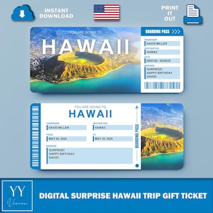 Printable HAWAII Surprise Ticket V3 | Editable Boarding Pass | Vacation Gift | Customizable Digital Trip Ticket for Any Occasion